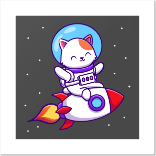 Cute Astronaut Cat Riding Rocket Cartoon Posters and Art